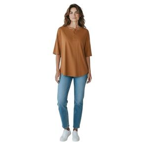 Claiborne Caramel Linen Cotton Oversized Henley Tunic Top Women’s Large NWT